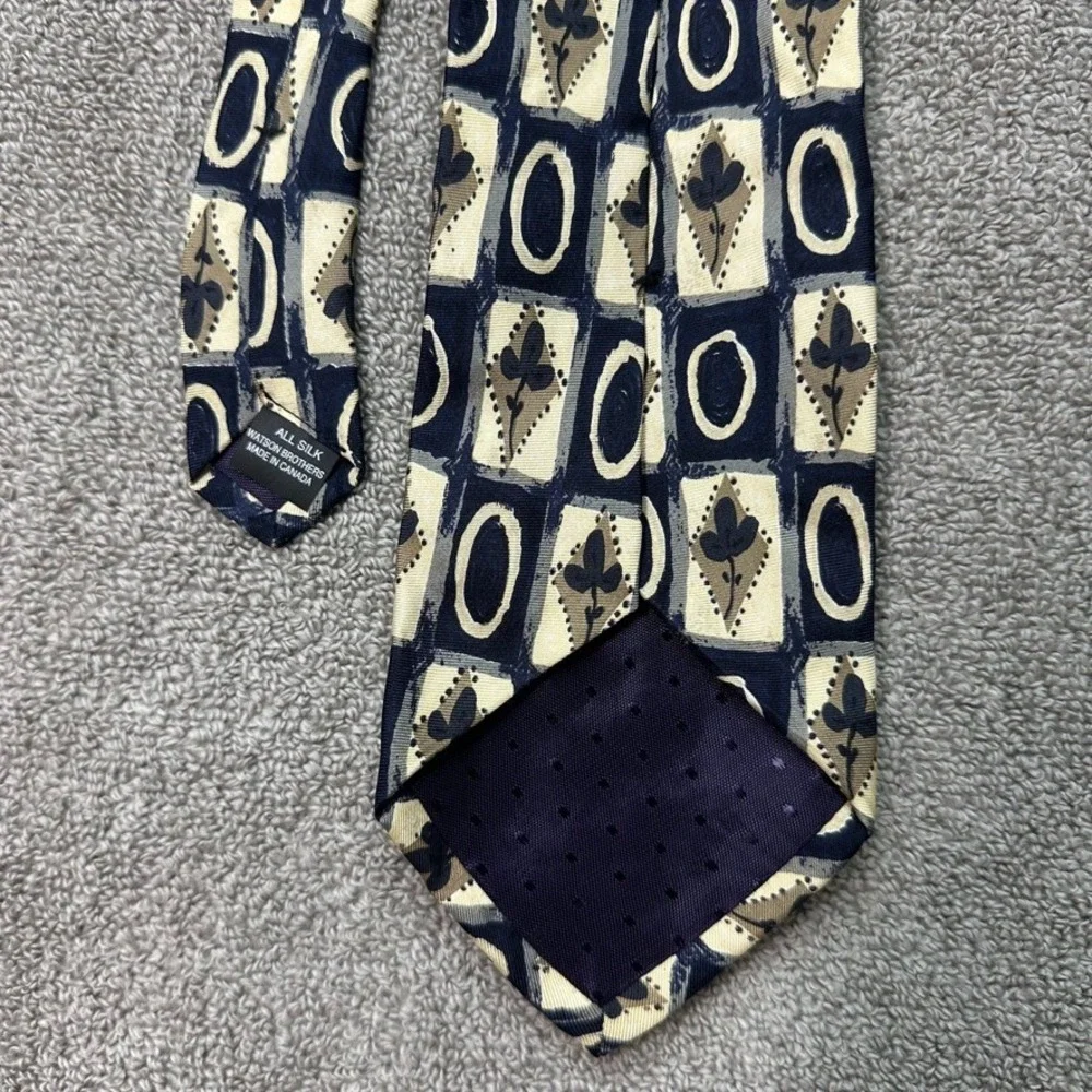 Au Masculin Watson Brothers Silk Tie Navy Blue Tan Geometric Floral Made Canada
